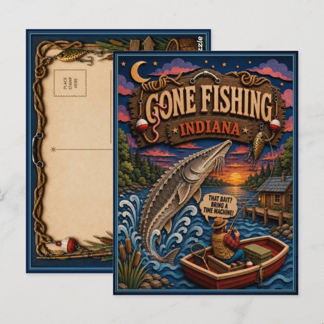 Indiana Gone Fishing Lake Sturgeon Vykort (Fram/baksida)