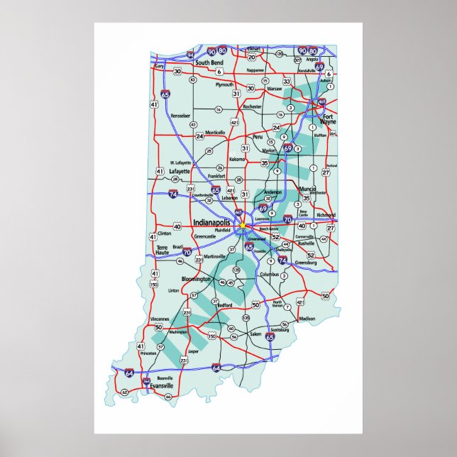 Indiana Interstate Karta Skriv ut Poster (Framsidan)