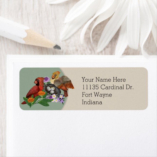 Indiana Northern Kardinals med inhemska växter Returadress Etikett (Insitu)