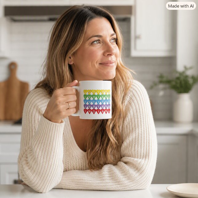 Indiana Rainbow Hearts Statens Stolthet Kaffemugg (A mug with a colorful heart design that says Indiana.)