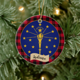 Indiana, Red buffalo plaid & Indiana Flagga Julgransprydnad Keramik