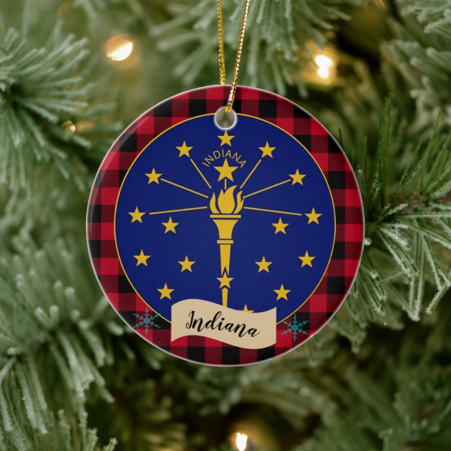 Indiana, Red buffalo plaid & Indiana Flagga Julgransprydnad Keramik (Träd)