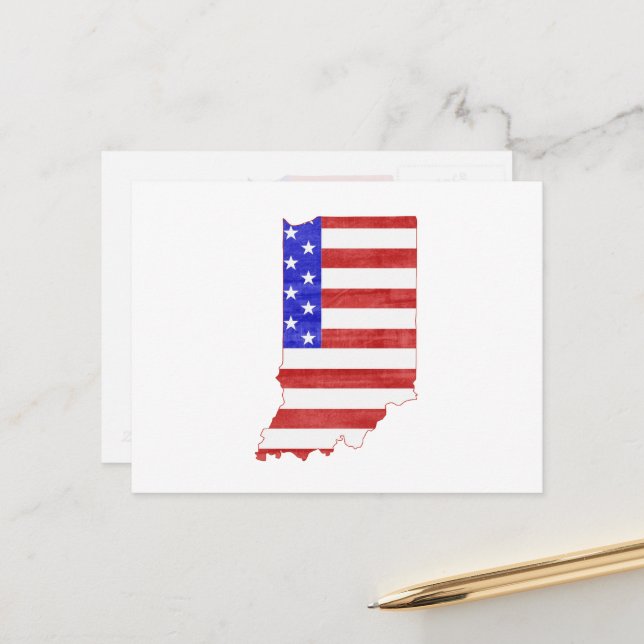 Indiana Shaped Patriotic Hoosier American Flagga Vykort (Fram/Back In Situ)