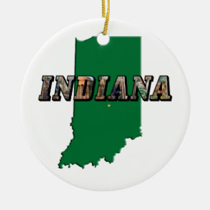 Indiana State Karta Grönt kontur och fototext Julgransprydnad Keramik