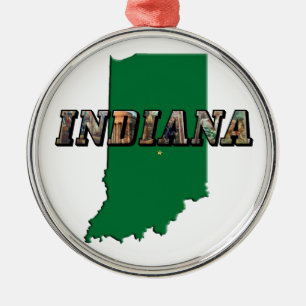 Indiana State Karta Grönt kontur och fototext Julgransprydnad Metall