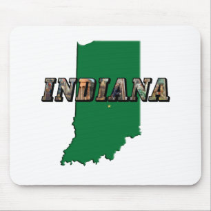 Indiana State Karta Grönt kontur och fototext Musmatta
