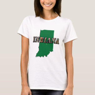 Indiana State Karta Grönt kontur och fototext T Shirt