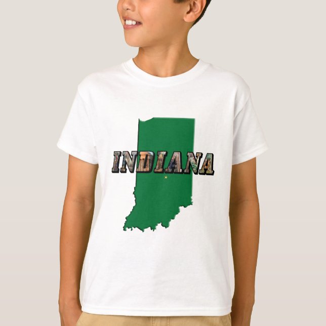 Indiana State Karta Grönt kontur och fototext Tee Shirt (Framsida)