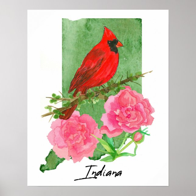 Indiana State Shape Hoosiers Cardinal Peonies  Poster (Framsidan)