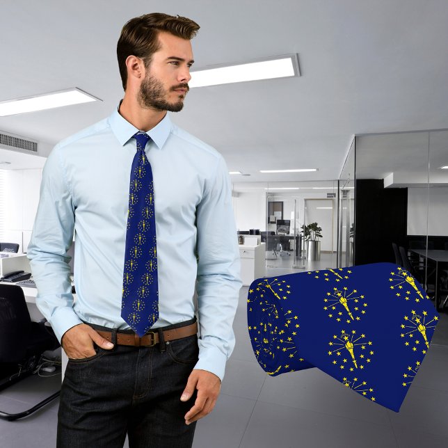 Indiana Statlig flagga i Blue & Guld Torch & Stars Slips (State Flag of Indiana Necktie)