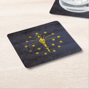 Indiana statlig flagga på gammalt Wood korn Underlägg Papper Kvadrat
