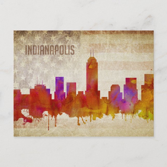 Indianapolis, IN | Watercolor City Skyline Vykort (Framsida)