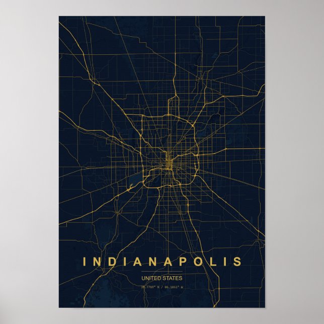 Indianapolis Indiana Stiliserad Karttryck Poster (Framsidan)