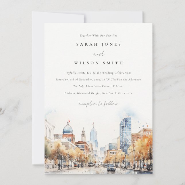 Indianapolis, Indiana Watercolor Landscape Wedding Inbjudningar (Framsida)