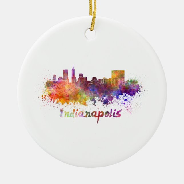 Indianapolis skyline in watercolor julgransprydnad keramik (Framsidan)