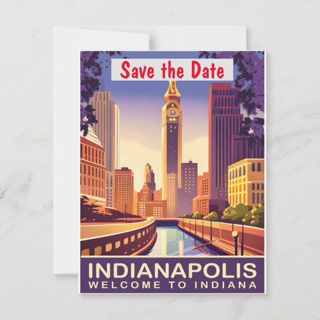 Indianapolis Skyline Lila Bröllopsinbjudan Spara Datumet (Framsida)