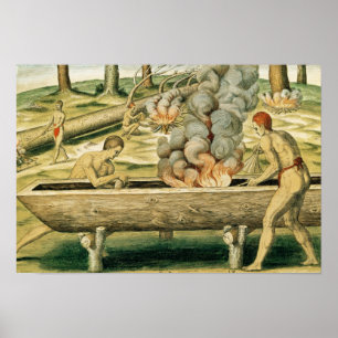 Indianer Skapar en Dugout Canoe Poster