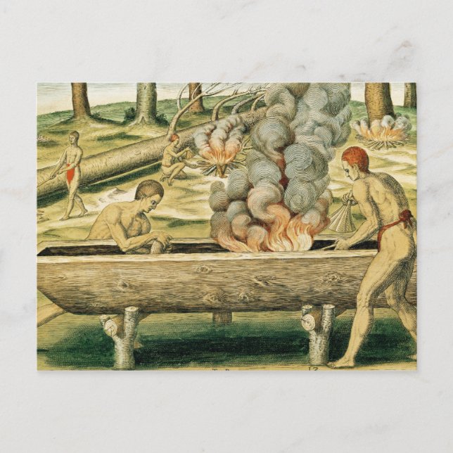 Indianer Skapar en Dugout Canoe Vykort (Framsida)