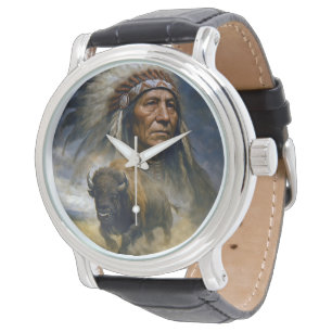 Indianhävdare med laddande buffel armbandsur