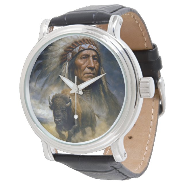 Indianhävdare med laddande buffel armbandsur (Vinklad)