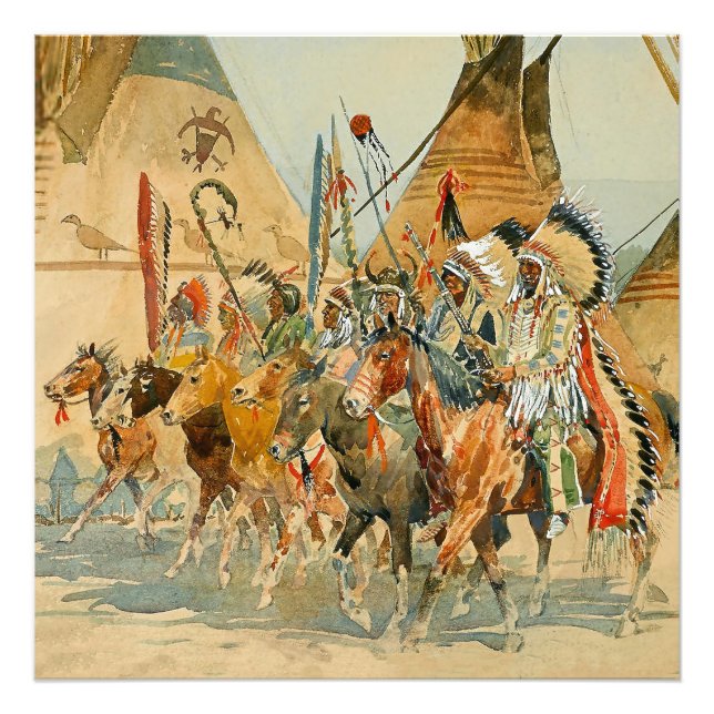 Indianhövdingar med standar av Edward Borein Fototryck (Framsidan)