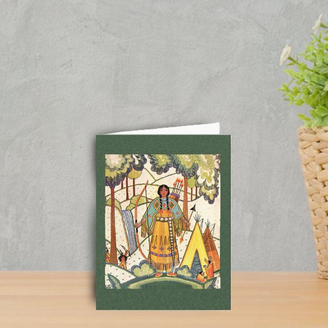 Indianjungfrun noterar kortet kort (Native american lady in forest teepee faux embroidery look on dark green notecards.)
