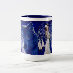 Indiankvinna- & blåttvargdesign Två-Tonad mugg