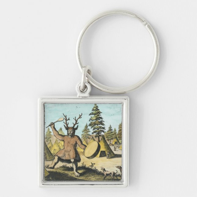IndianShaman Fyrkantig Silverfärgad Nyckelring (Framsidan)
