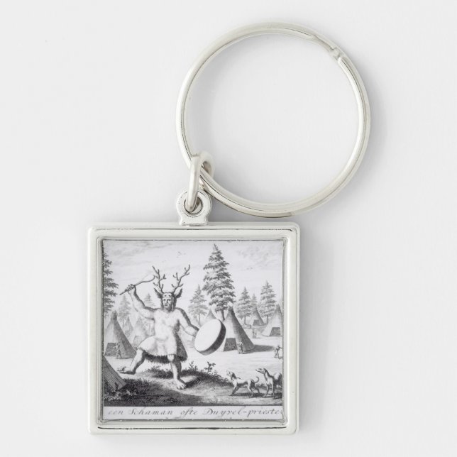 IndianShaman Fyrkantig Silverfärgad Nyckelring (Framsidan)