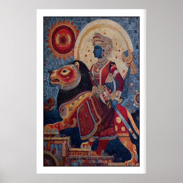 Indianska krigartryck Mosaik Lejonryttare - Blå Poster (Framsidan)