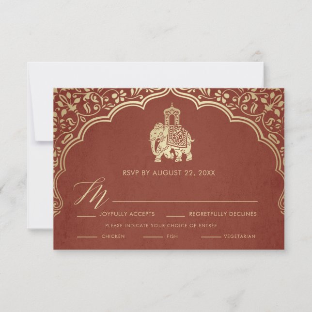Indianskt bröllop RSVP-kort, vit och guld inbjudan (Framsida)