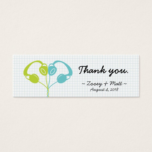 Indie Headphone Heart Blue / Lime Green Bröllop Litet Visitkort (Framsidan)