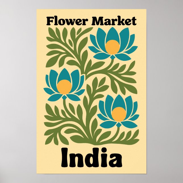 Indien blomstermarknad teal lotus & botanisk blad poster (Framsidan)