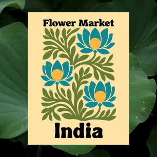 Indien blomstermarknad teal lotus & botanisk blad vykort