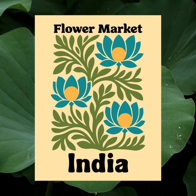Indien blomstermarknad teal lotus & botanisk blad vykort (India Flower Market Teal Lotus & Botanical Leaf Postcard)