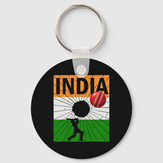Indien Cricket Med Indisk Flagga Penseldrag Ashoka Nyckelring (Framsida)