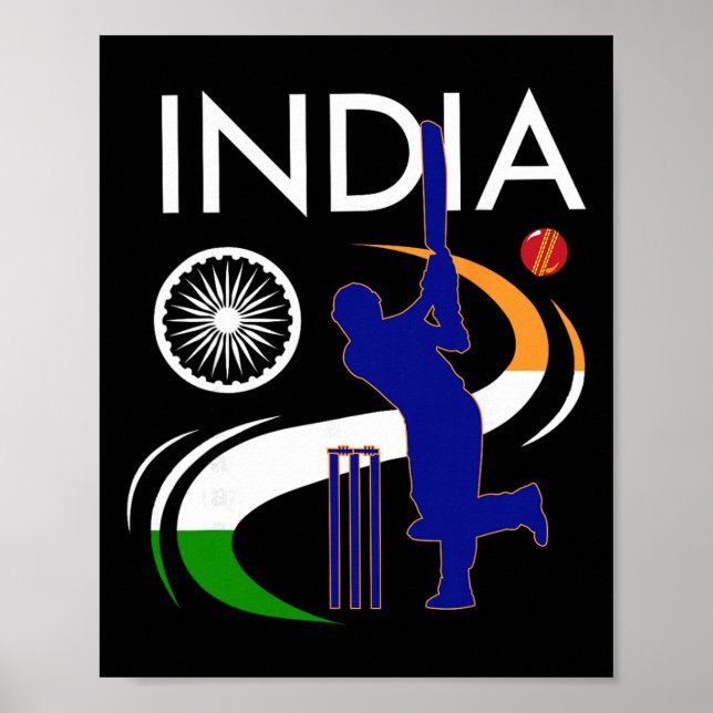 Indien Cricket Med Indisk Flagga Penseldrag Ashoka Poster (Framsidan)