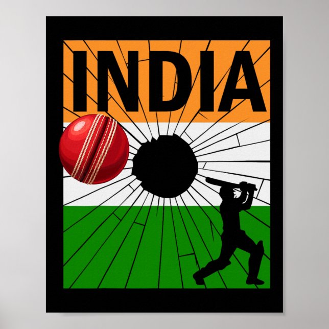 Indien Cricket Med Indisk Flagga Penseldrag Ashoka Poster (Framsidan)
