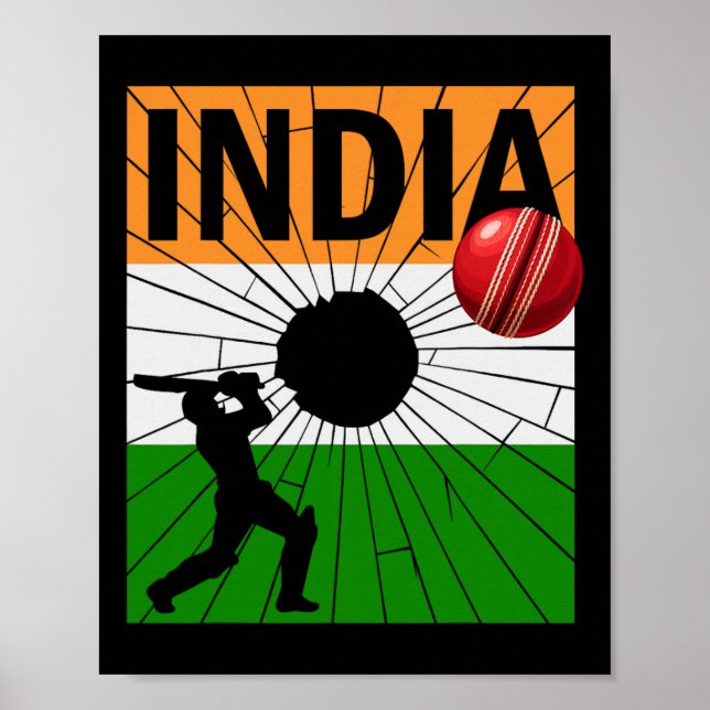 Indien Cricket Med Indisk Flagga Penseldrag Ashoka Poster (Framsidan)