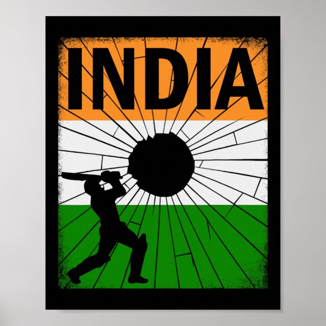 Indien Cricket Med Indisk Flagga Penseldrag Ashoka Poster (Framsidan)