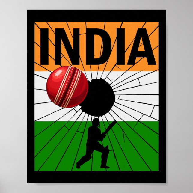 Indien Cricket Med Indisk Flagga Penseldrag Ashoka Poster (Framsidan)