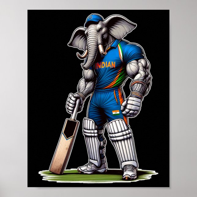 Indien Elefant Cricketspelare Cricketer Poster (Framsidan)