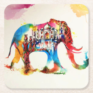Indien Elephant Vintage resor Kärlek Watercolor Underlägg Papper Kvadrat
