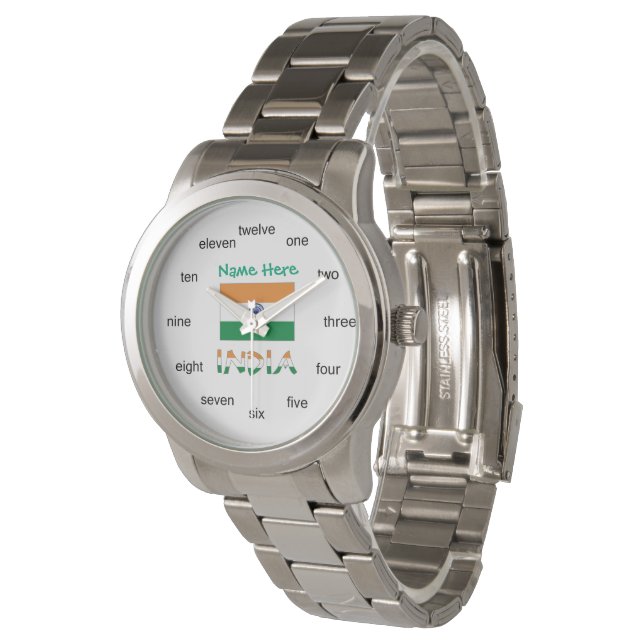 Indien Flagga Damernas Översized Silvertone Armbandsur (Vinklad)