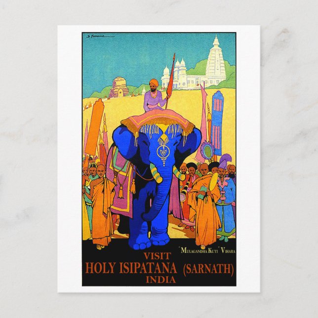 Indien, heliga Isipatana, blå elefant, vintage Vykort (Framsida)