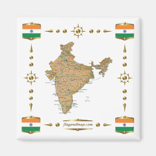Indien Karta + Flaggor Magnet