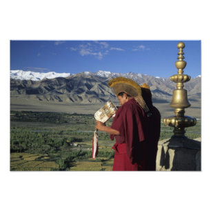 Indien, Ladakh, Thikse. Buddhistmunk blåser Fototryck