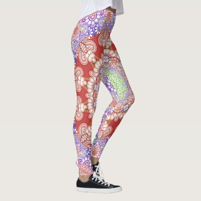 Indien Mehndi Stil Mandala - röd blått Leggings (Höger)