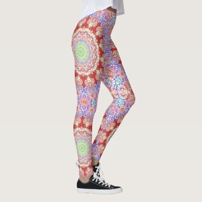 Indien Mehndi Stil Mandala - röd blått Leggings (Höger)