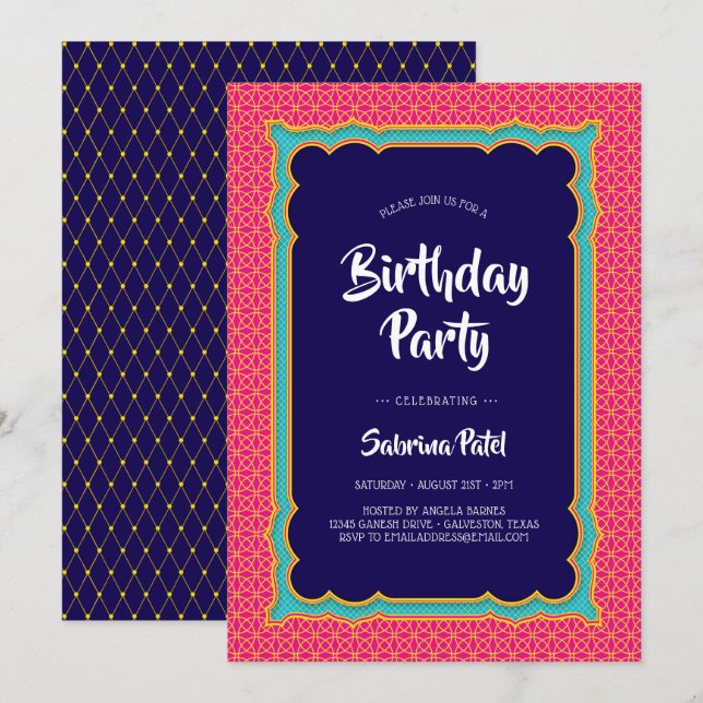 Indien Mönster Födelsedagsfest 1 Inbjudningar (Fram/baksida)